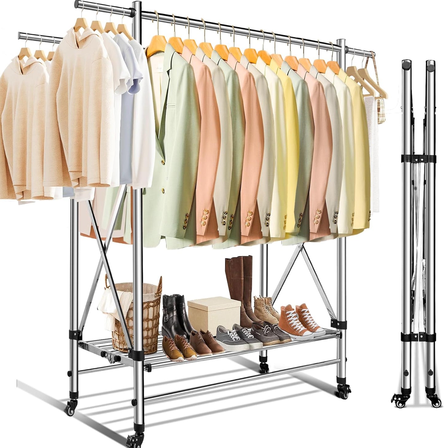 Clothes Rack - Heavy Duty Clothes Rack Load 580 LBS, Rolling Clothing Rack with Wheels, Collapsible  Adjustable Clothes Rack with Wheels Garment Rack