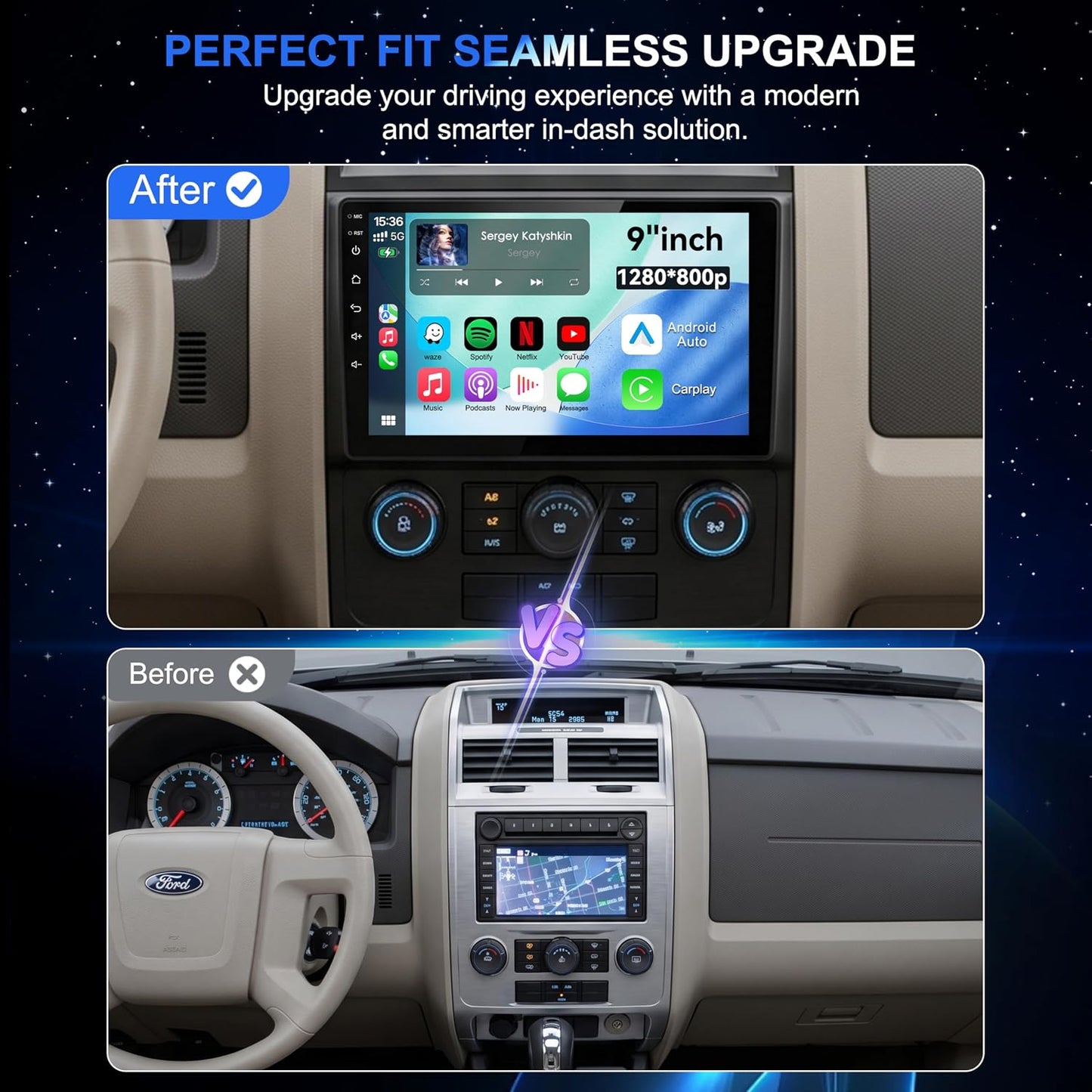 Car Radio for Ford Escape 2007-2012 Android 13 Car Stereo Head Unit with Carplay & Android Auto, GPS Navigation, Bluetooth 5.0, Plug and Play