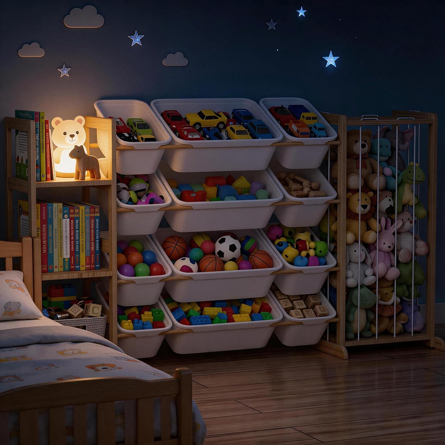 Toy Storage Organizer with Kids Bookshelf and Stuffed Animal Storage | Solid Wood Toy Shelf, Removable Toy Bins, Heavy Load Support, Large Stuffed Animal Holder, Toddler Kid Playroom Living Room