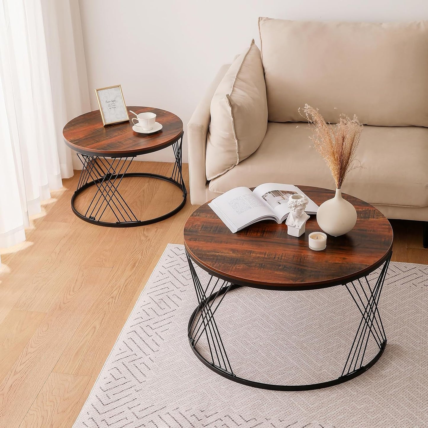 Round Nesting Coffee Table Set of 2 with Black Coated Metal Frame