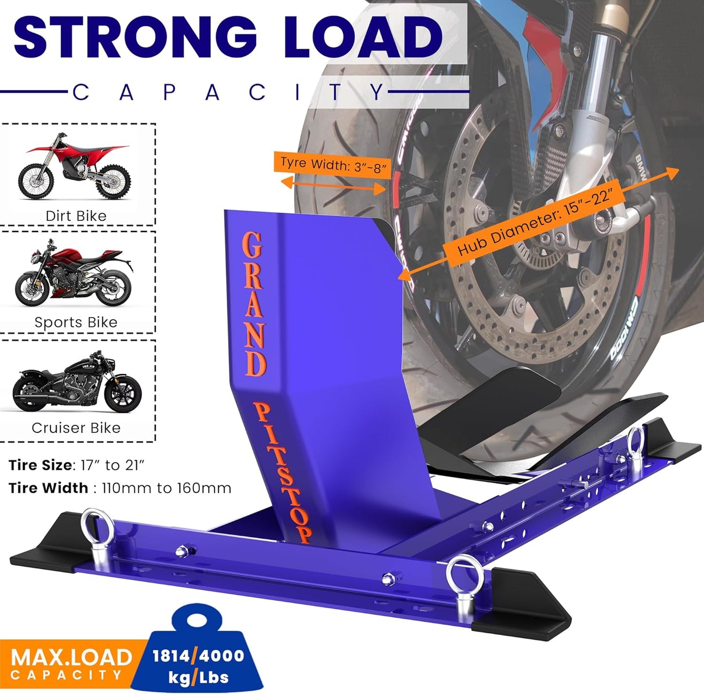 GRAND PITSTOP Universal Wheel Chock for Motorcycle Stand for Trailer Completely Adjustable Detachable Foldable Wheel Chock (Blue) 4000 lbs Blue V1