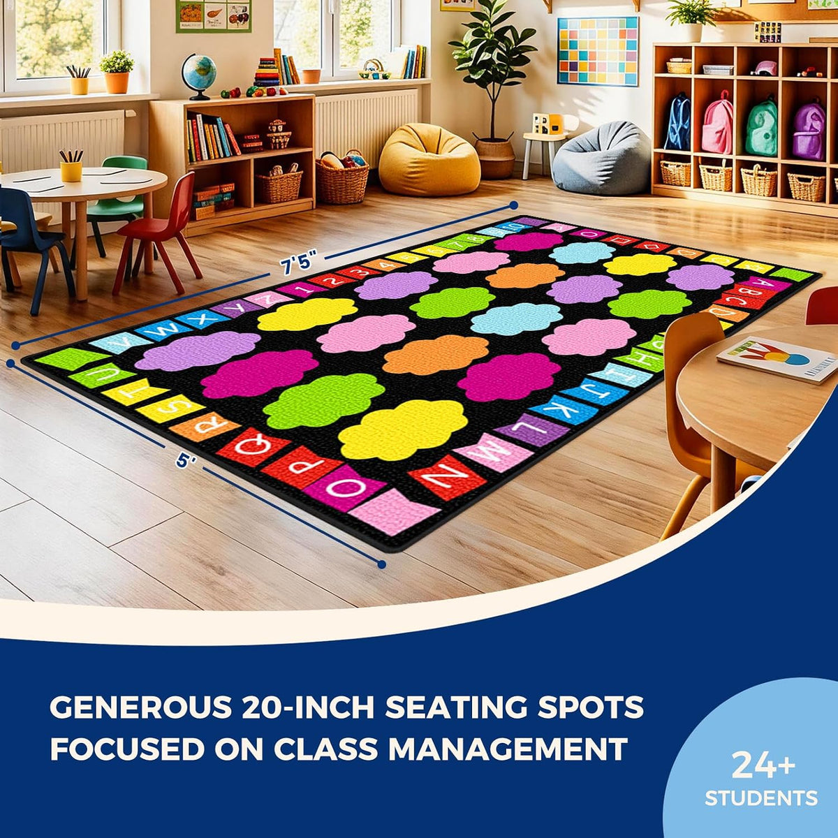 Booooom Jackson Classroom Rug - 5'x7'6'' Alphabet Cloud Seating Rug Preschool Classroom Carpet, Non-Slip & No-Trip Edges, Vibrant Colors for Kids Playroom Floor Mat