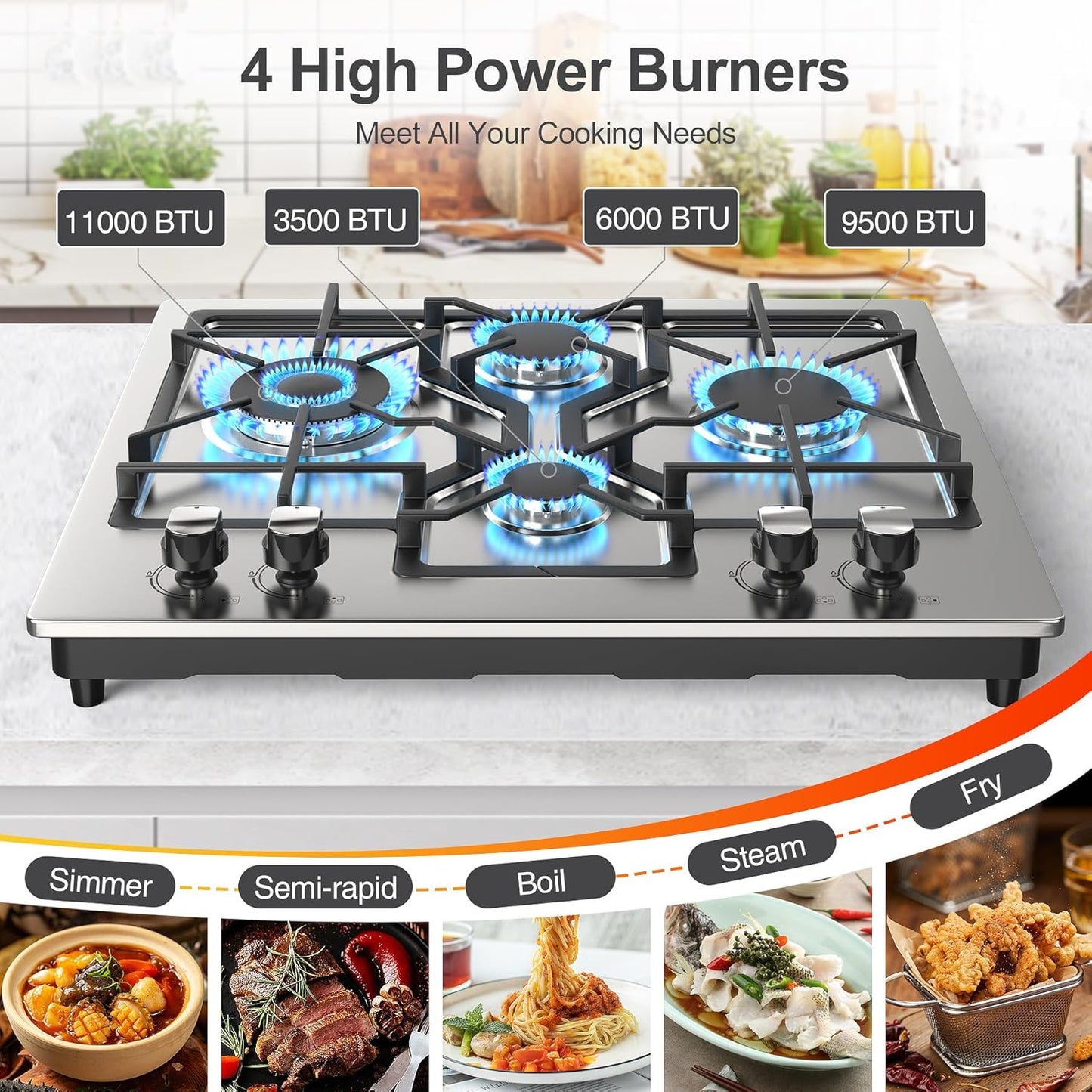 GIHETKUT Gas Cooktop 4 Burners, 23Inch Stainless Steel Gas Stove Top, Built-in Gas Propane Cooktops with Thermocouple Protection, NG/LPG Convertible,