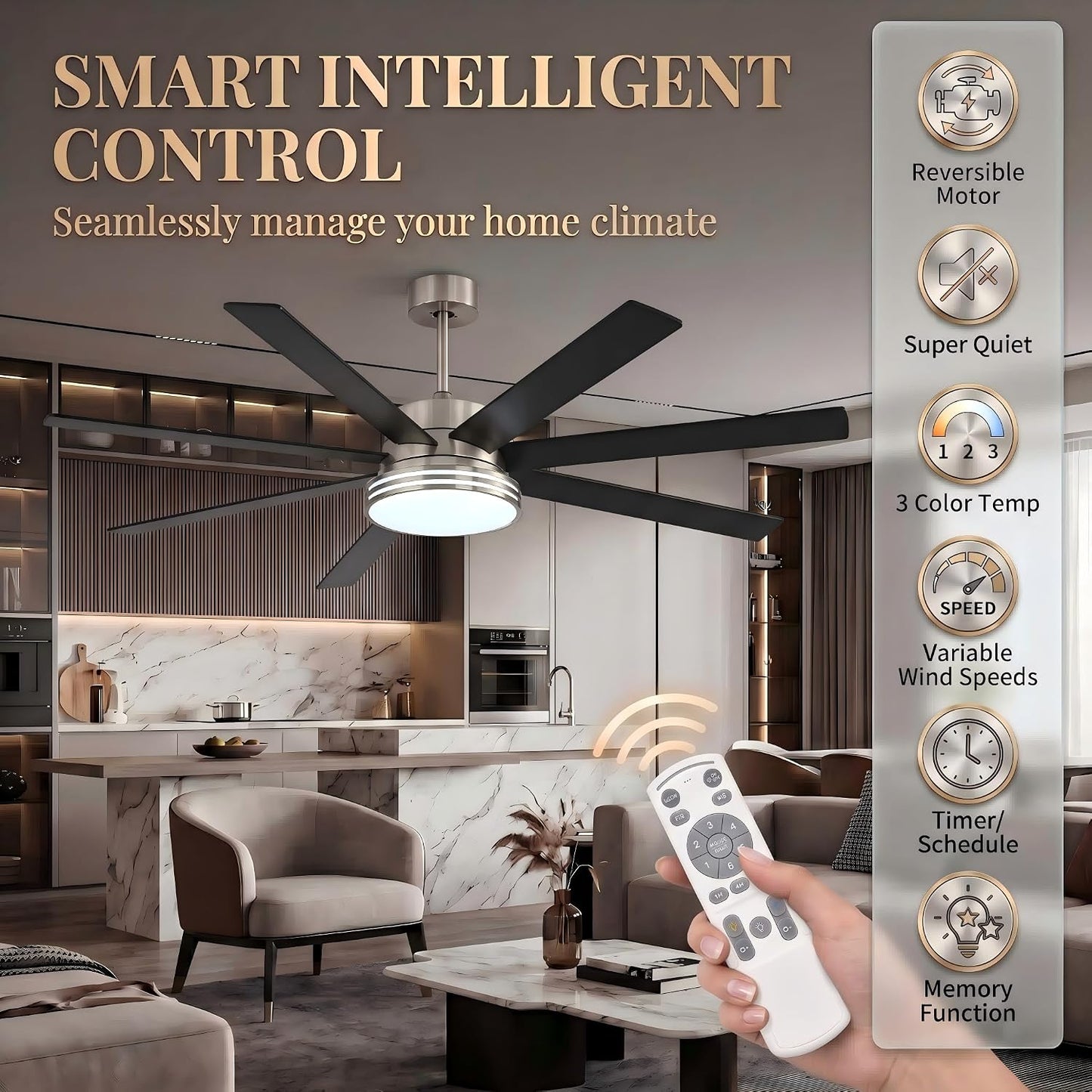 62 Inch Ceiling Fan with Light, Brushed Nickel 7 Blade Reversible DC Fan, App & Remote Control, 3 Color Dimmable LED for Large Living Spaces