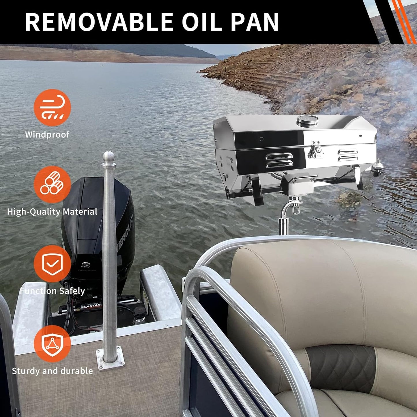 Tabletop Gas Grill, 304 Stainless Steel Marine Grills, NO ROD HOLDER MOUNT, Portable Propane BBQ for Boats & Tailgating & Camping, Built in Thermometer (Grill)