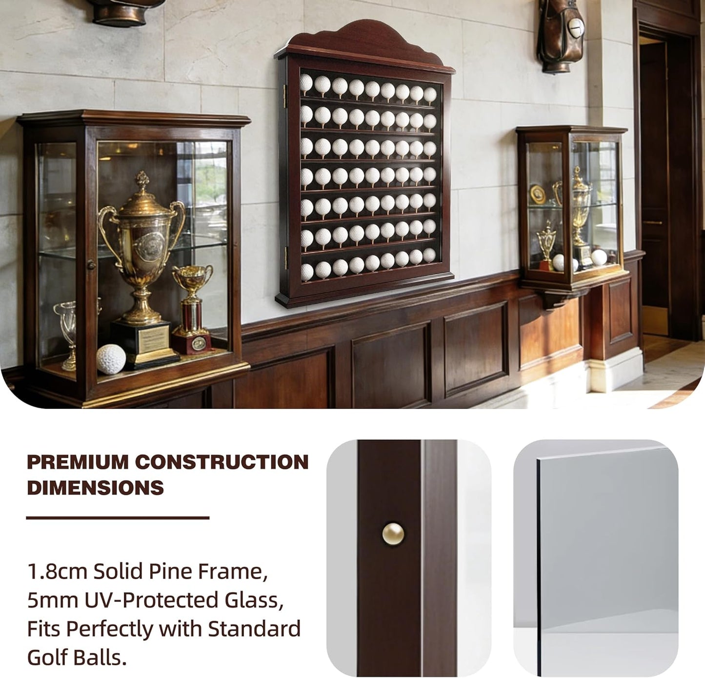 MR 63 Golf Ball Display Case, Executive Golf Ball Cabinet, Wall Mount Golf Ball Shadow Box with Wood Tees, Wall Rack Holder Solid Wood Frame with 98% UV Protection Lockable Acrylic Glass Door