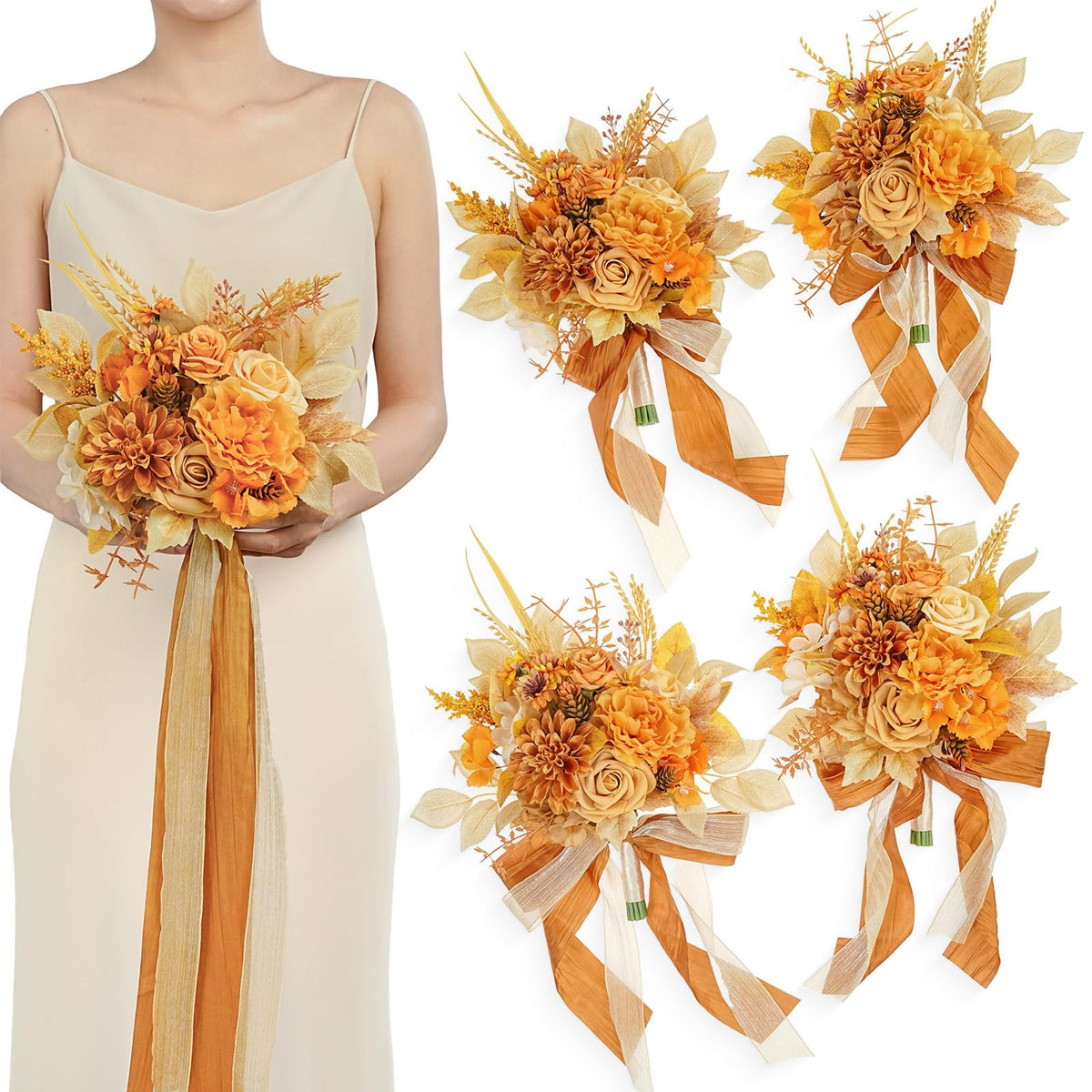 TINGE TIME 7in Wheat Gold Silk Bridesmaid Bouquets Set 4