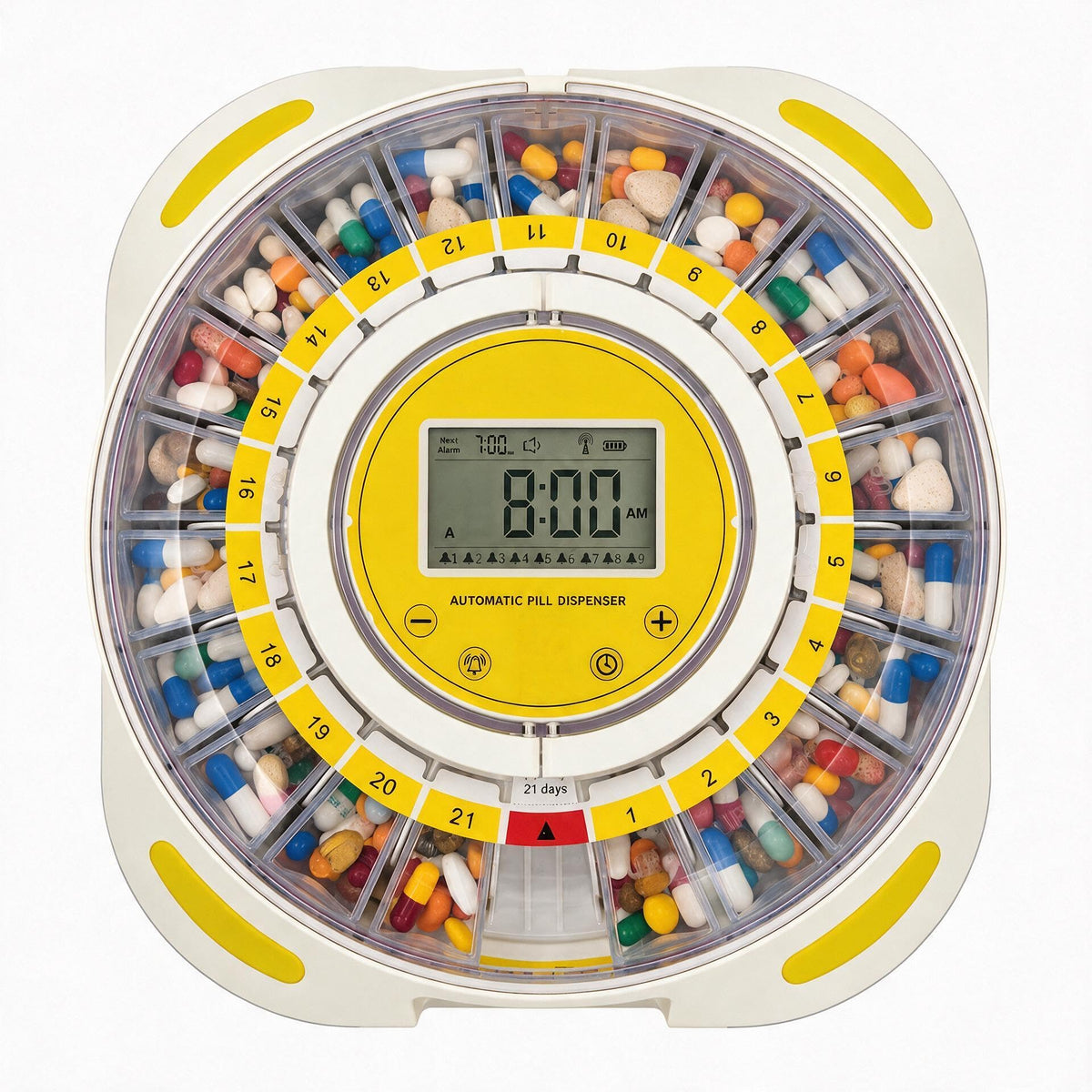 21-Day Automatic Pill Dispenser with Individual Pods & 9 Alarms for Seniors, Purple Lid