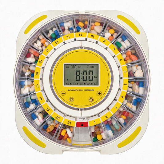 21-Day Automatic Pill Dispenser with Individual Pods & 9 Alarms for Seniors, Purple Lid