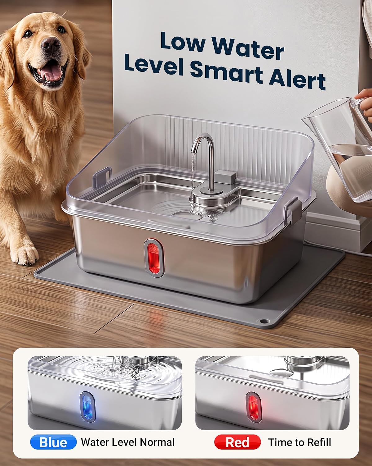 3.17 Gal Dog Water Fountain for Large Dogs, Stainless Steel Pet Water Dispenser with Splash Guard, Large Capacity, Visible Window, Quiet Pump, 3 Filters and Silicone Mat, Metallic Silver 3.17Gal Fountain & 3 Filters, Metallic Silver