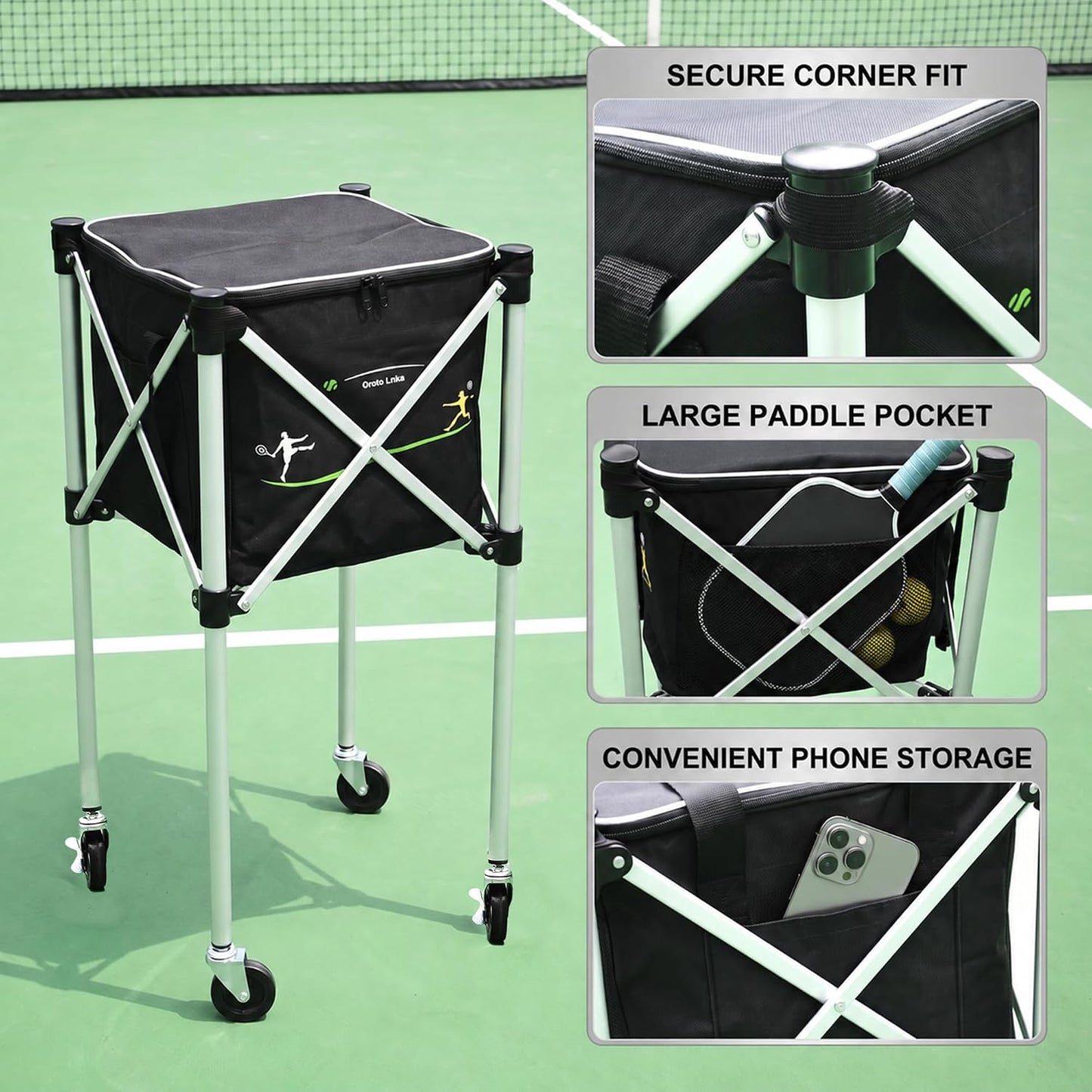 Tennis Ball Hopper for 150 Balls, Foldable Basket Cart with Lightweight Aluminum Frame, Locking Wheels, Zippered Closed-Top Bag Helps Keep Balls Cleaner, YKK Zipper, Portable Caddy for Practice