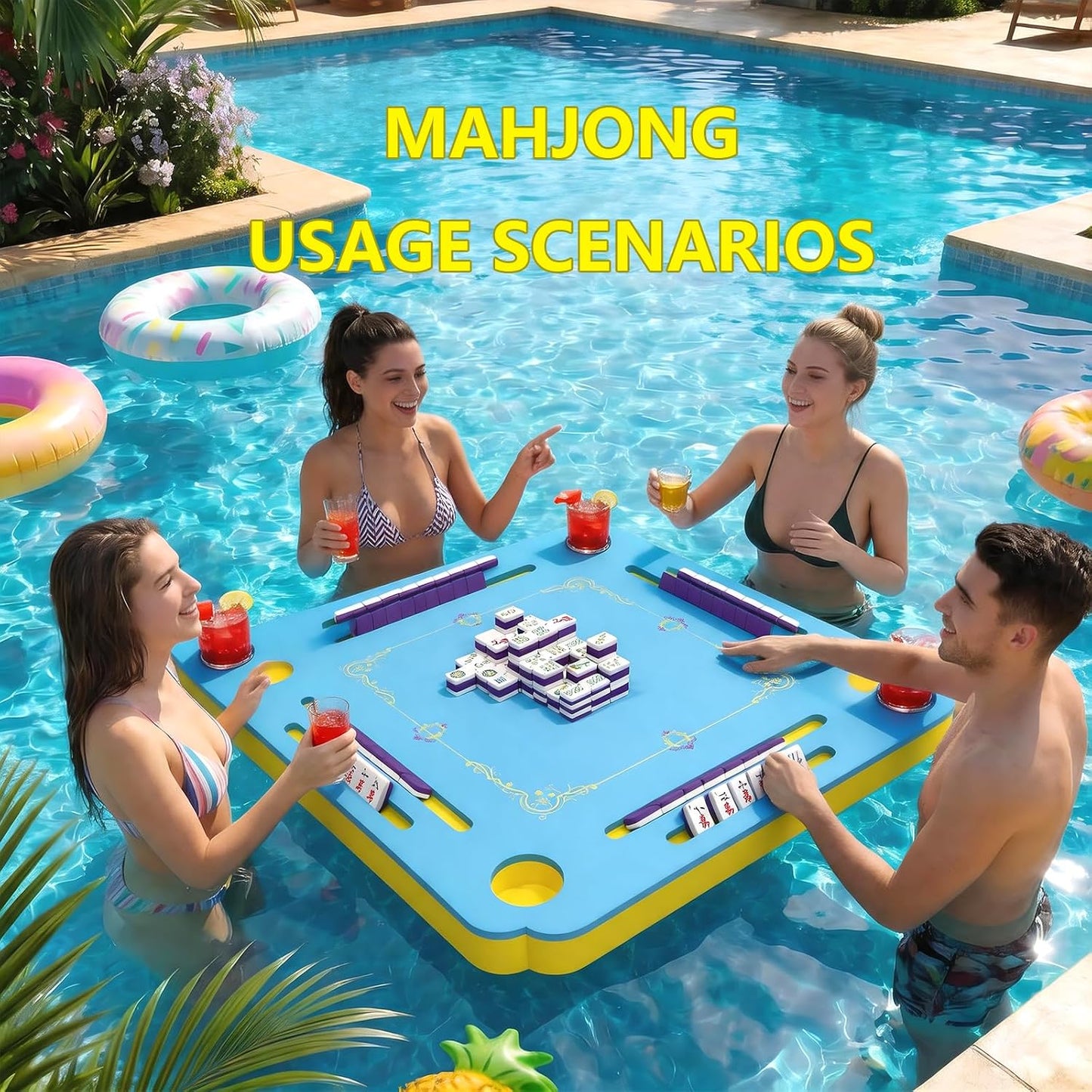 32 x 32 Inch Floating Mahjong Table for Pool, Premium EVA Mat with Tile Grooves & Cup Holders, Floating Mahjong Set, Multi-Game Pool Float Table for Summer Pool Party