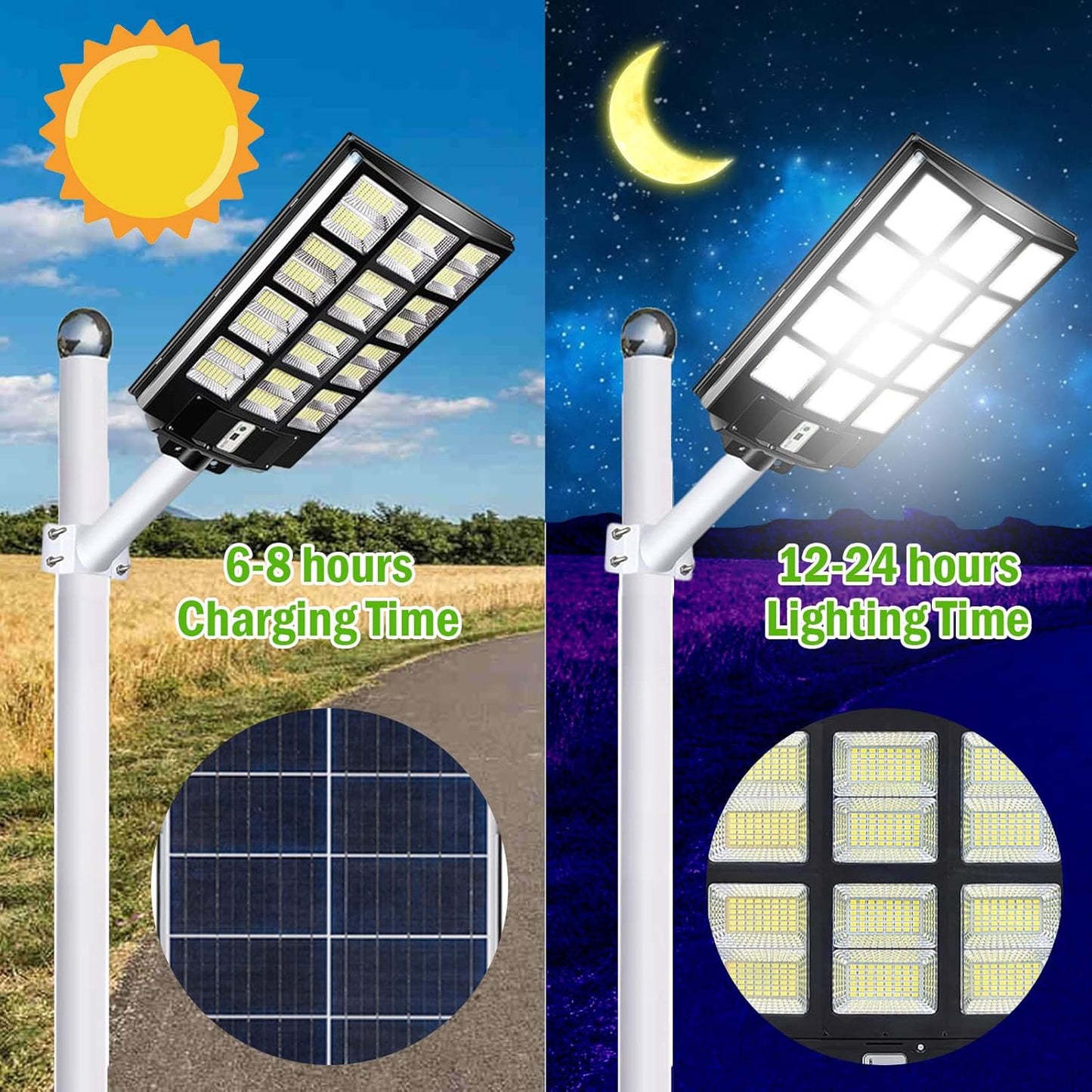 1000W Solar Street Lights Outdoor, Motion Sensor Led Solar Outdoor Lights with Remote Control & Arm Pole, 7000K 100000LM IP66 Waterproof Dusk to Dawn