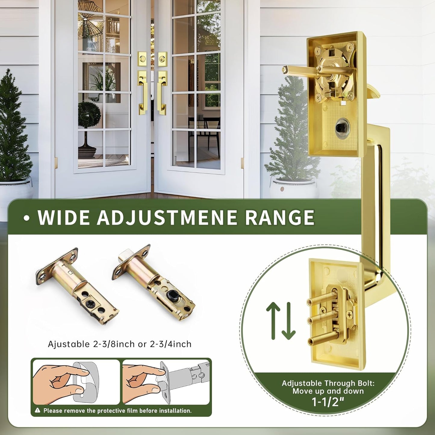 Double Front Door Lock Set, Polished Brass Square Front Door Hardware Set with Dummy