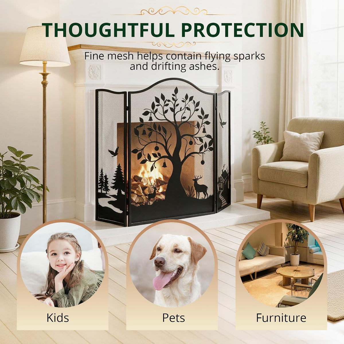 3-Panel Fireplace Screen, Tree Pattern Fire Guard, Rustic, 50" x 36"