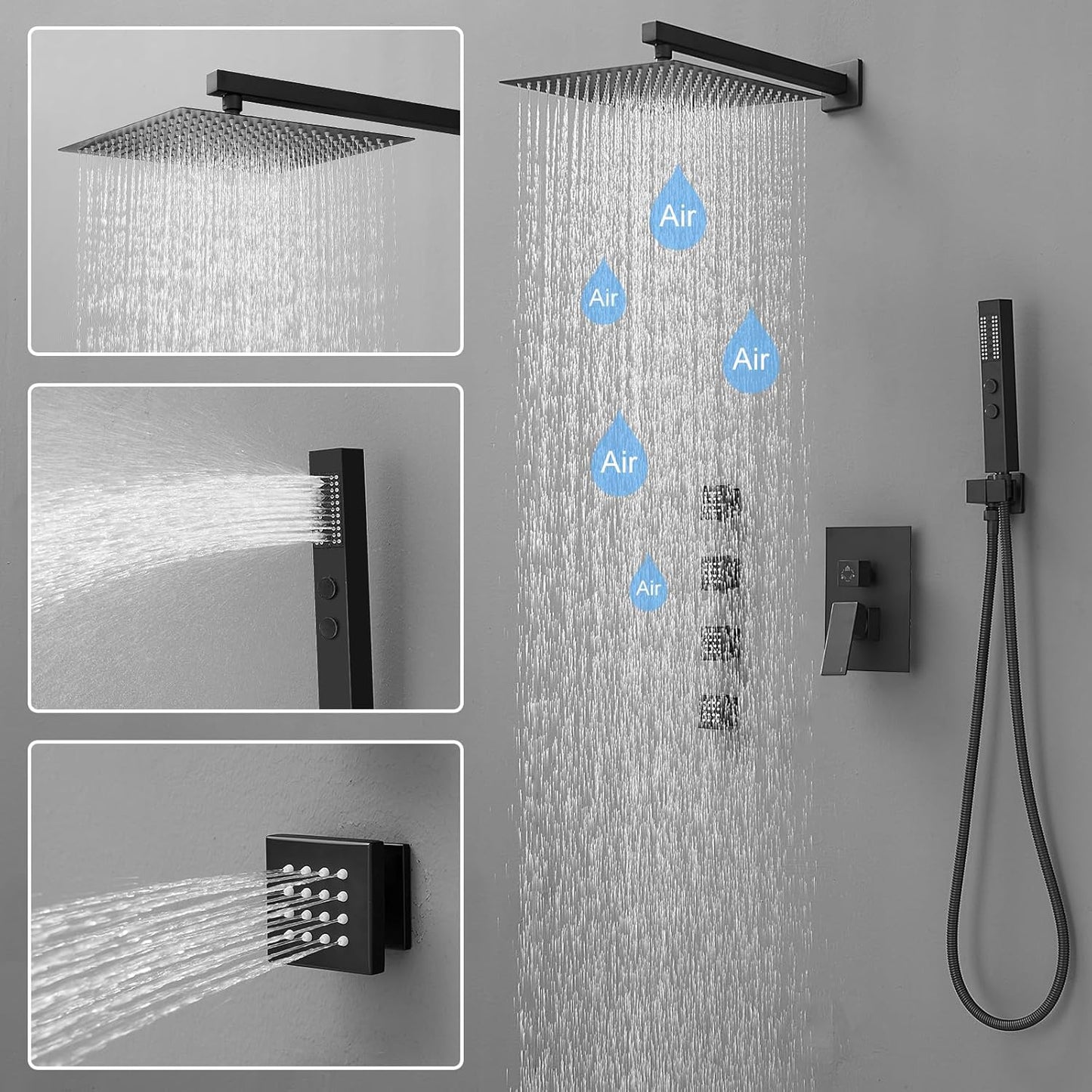 BESy Shower System with 12 Inch Rain Shower Head and 4 Full Body Spray Jets, High Pressure Rainfall Shower Faucet Fixture Combo Set with 4 in 1