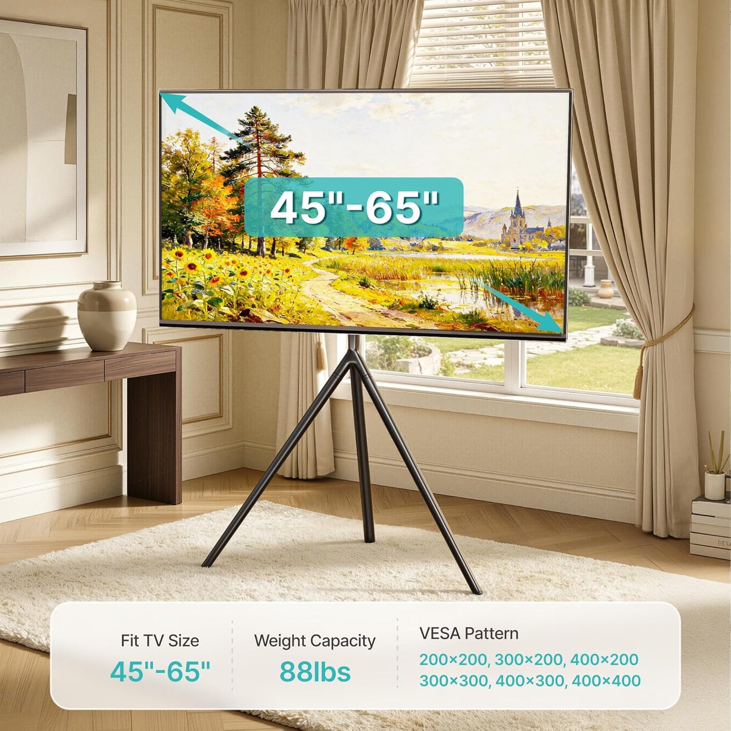 Tripod TV Stands for 45-65 inch TV up to 88 lbs with Shelf, Swivel and Height Adjustable Tall Easel TV Stand for Samsung, LG TVs —VESA Required Max 400 * 400 mm