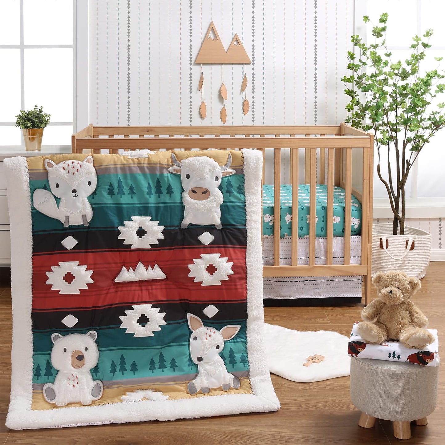 The Peanutshell Woodland Crib Bedding Set for Boys or Girls, 4pc Organic Cotton Crib Comforter Set, Western Woods, Buffalo, Fox, Bear, Deer Nursery