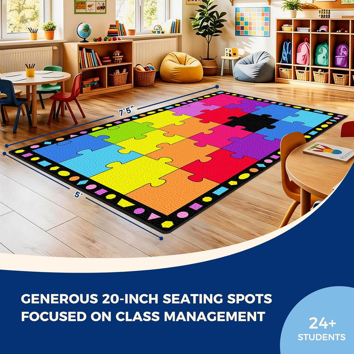 Booooom Jackson Colorful Puzzle Pattern Classroom Rug - 5' x 7'6" Large Carpet with 20 Spots for Preschool, Elementary, Daycare - Non-Slip Backing, Seating Squares for Circle Time & Reading