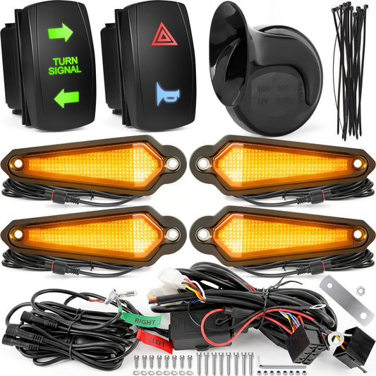 UTV Triangle Turn Signal Kit with Horn & Rocker Switch Wiring Harness Kit, Plug and Play, Hazard Lights, Universal Blinker Street Legal Kit Fit for SXS Polaris Can Am Kawasaki Golf Cart CFMOTO