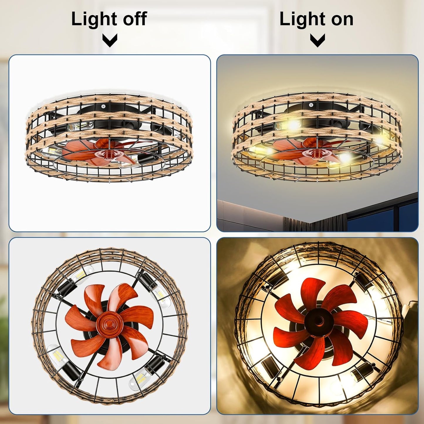 Low Profile Flush Mount Fandelier, Caged Ceiling Fan with Remote, Black Bladeless Enclosed Small Ceiling Fan Lights Fixtures for Bedroom Farmhouse (Rattan)