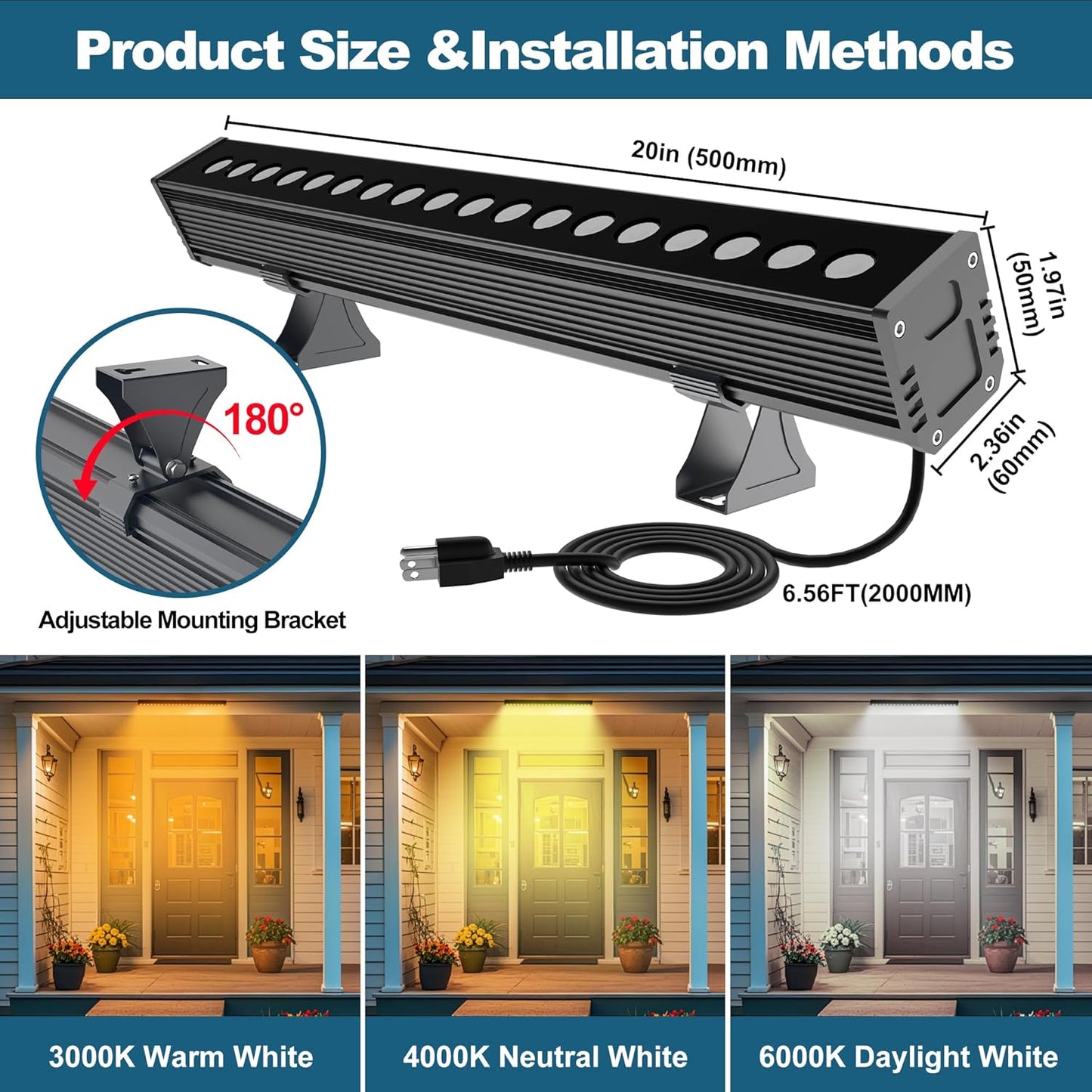 Smart LED Light Bar 20" – WiFi App & Remote Controlled RGB Wall Washer, 2700K-6500K Tunable White, 100% Dimmable IP65 Waterproof Outdoor Light Fixture, Voice Control, for Patio Garden Stage 20" Tunable White(2700-6500K)