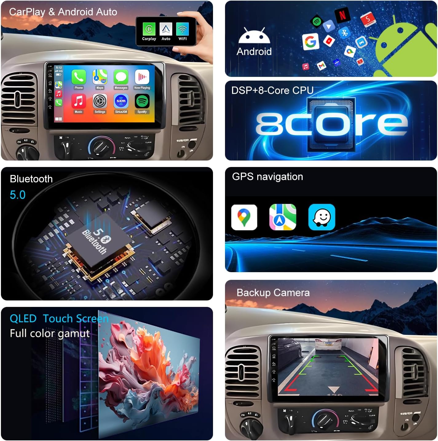 QLED Radio for Ford F150 1999 2000 2001 2002 2003 Upgrade,Touch Screen Stereo Replacement,Wireless carplay Android auto,Free Camera