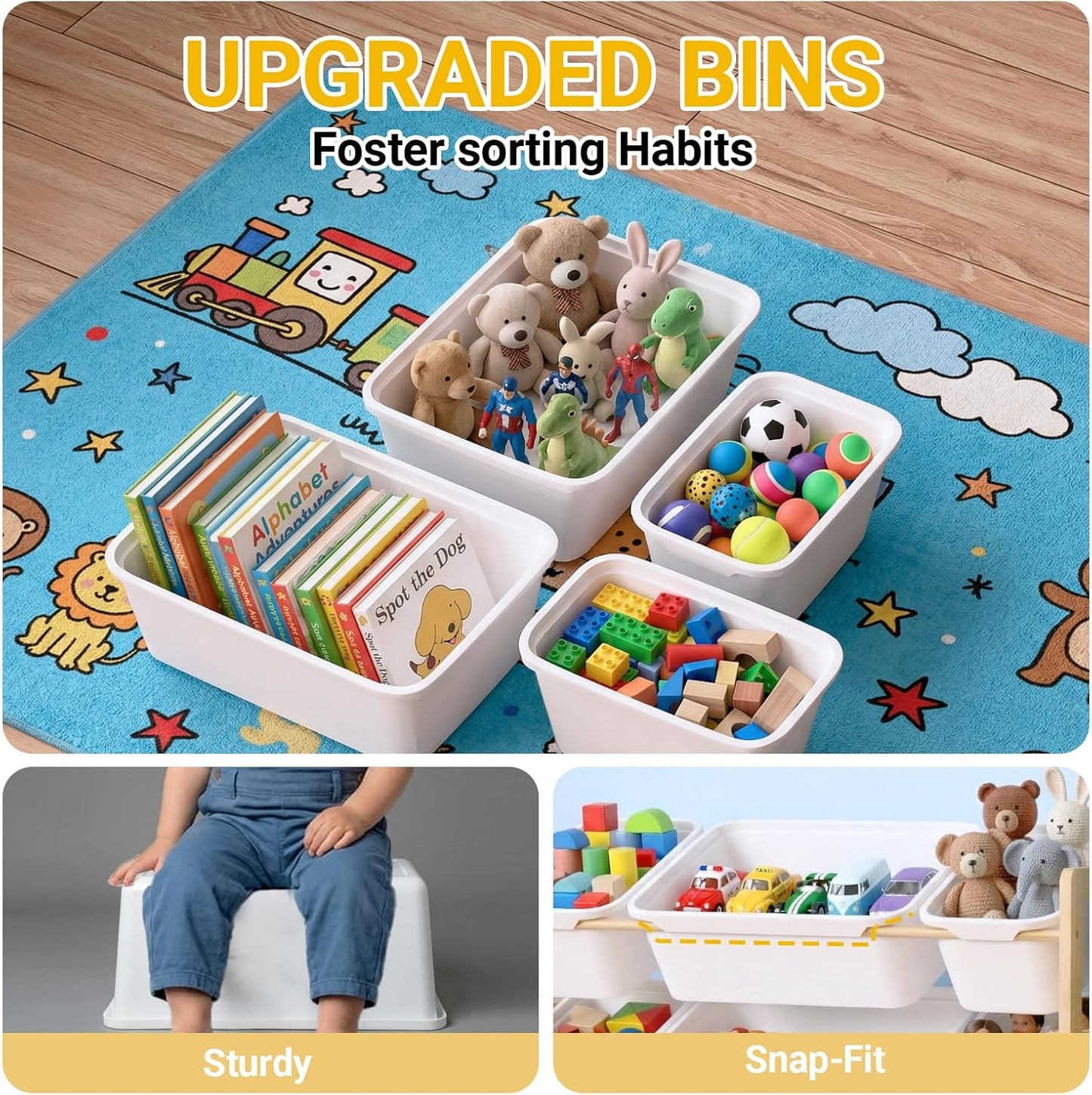 Toy Storage Organizer with Kids Bookshelf and Stuffed Animal Storage | Solid Wood Toy Shelf, Removable Toy Bins, Heavy Load Support, Large Stuffed Animal Holder, Toddler Kid Playroom Living Room