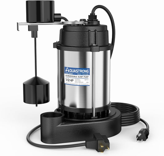 AQUASTRONG 1/2 HP Sump Pump Submersible, 3830 GPH Stainless Steel and Cast Iron Sump Pump, Automatic Integrated