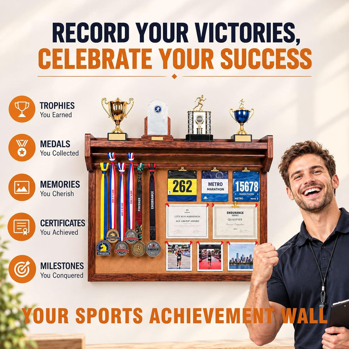 Wooden Medal Display, DIY Sports Achievement Wall, Trophy & Race Bib Holder