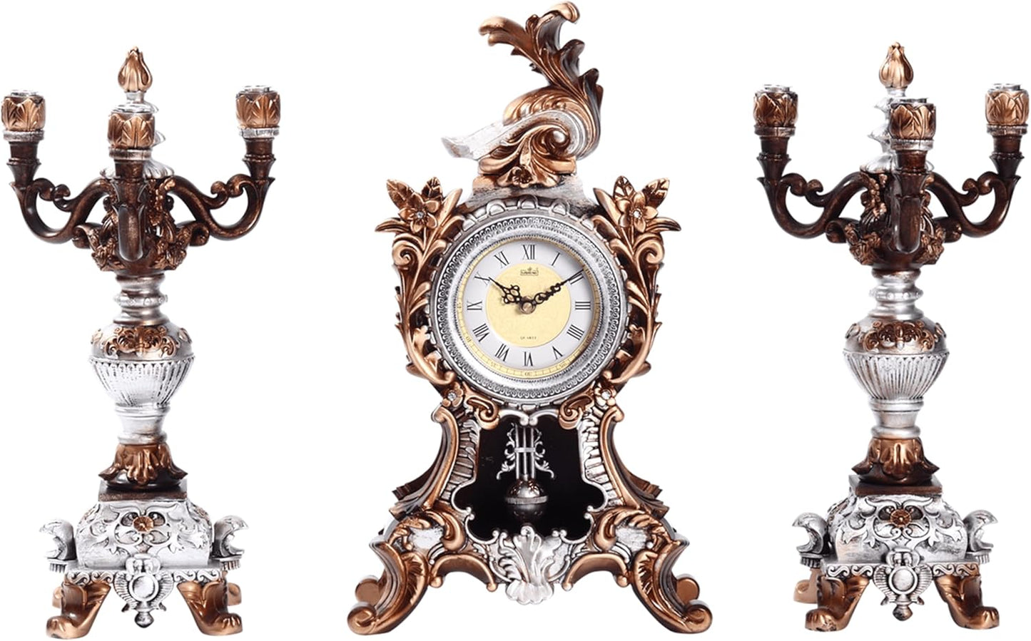 18.5H Rococo Style Pendulum Clock Mantel Clock with 2 Candelabra Candle Holders Baroque Resin Desk Clock Anniversay Clock for Living Room Bedroom