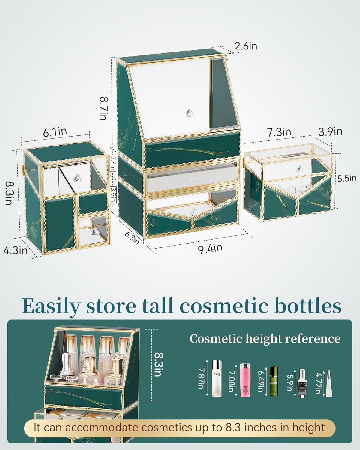 Makeup Organizer Countertop Cosmetic Organizer Tempered Glass Multi-Functional 5-in-1 Cosmetic Display Cases, Stackable Vanity Organizer Jewelry and