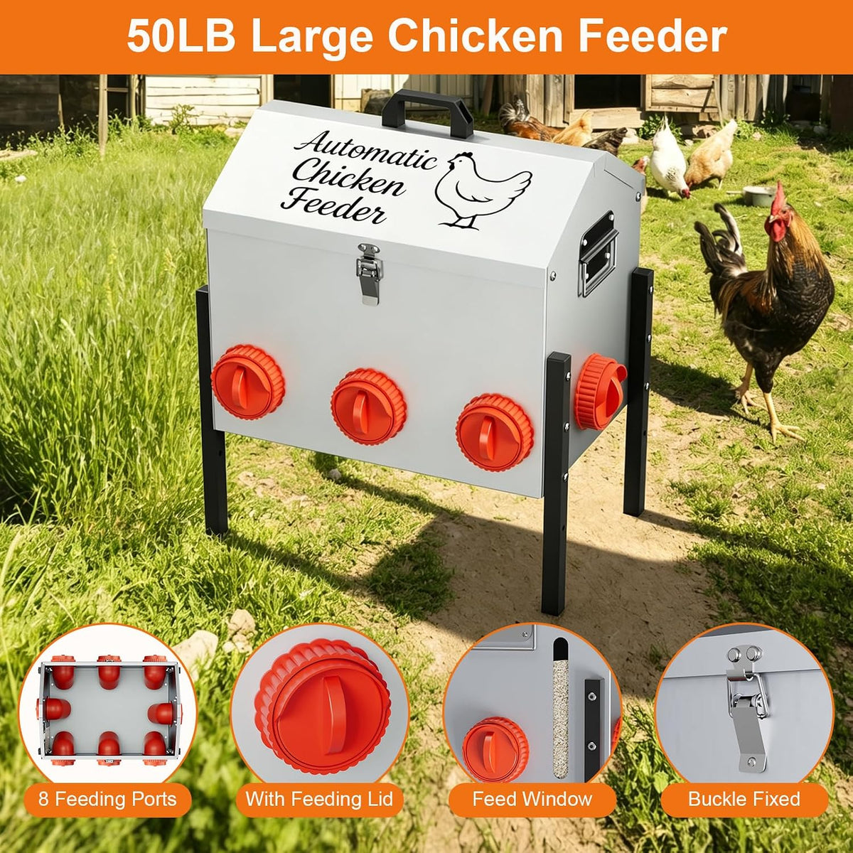 50LB Automatic Chicken Feeder with 8 Feeding Ports, No-Waste Poultry Feeder with Window, Adjustable Height, Locking Lid & Weatherproof Design for Outdoor Coop