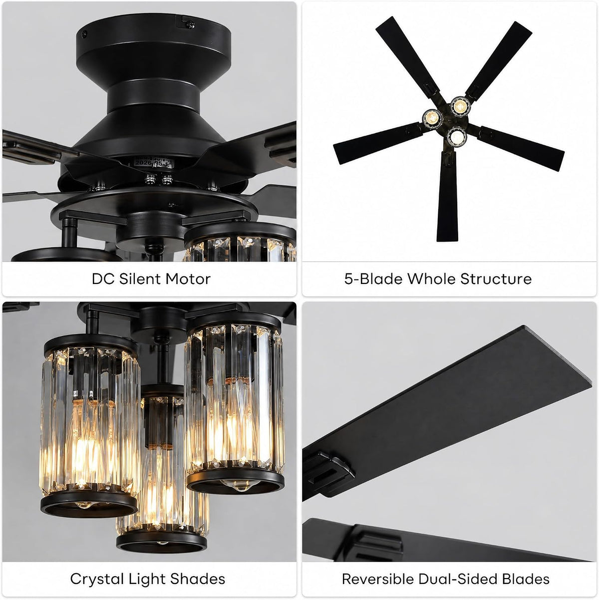 52 Inch Ceiling Fan with Lights, Low Profile Flush Mount Black 5‑Blade with Quiet DC Motor, 3 Crystal Glass E26 Shades, Remote & App Control for Bedroom and Living Room (Bulbs Not Included)