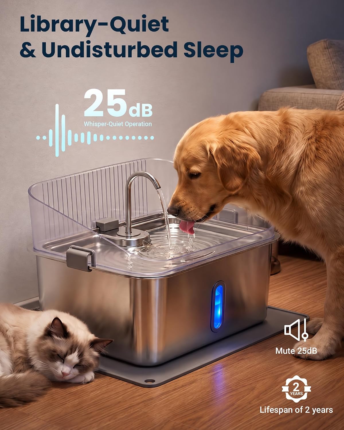 4.76 Gal Dog Water Fountain for Large Dogs, Stainless Steel Pet Water Dispenser with Splash Guard, Large Capacity Dog Bowl with Visible Window, Quiet Pump, 3 Filters and Silicone Mat, Metallic Silver