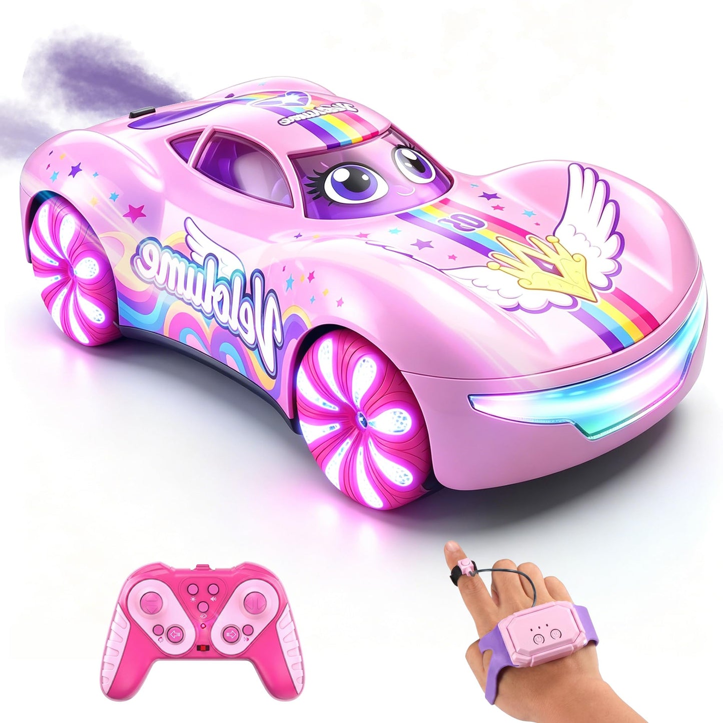 Gesture Sensing RC Drift Car, Pink, Hand Controlled Stunt Remote Control Car for 6-12 years of age, with Mist Spray, LED Light Wheels & 360° Spin, 2.4GHz 50 Min Play Dual Batteries, Hobby Toy Birthday Gift, Pink
