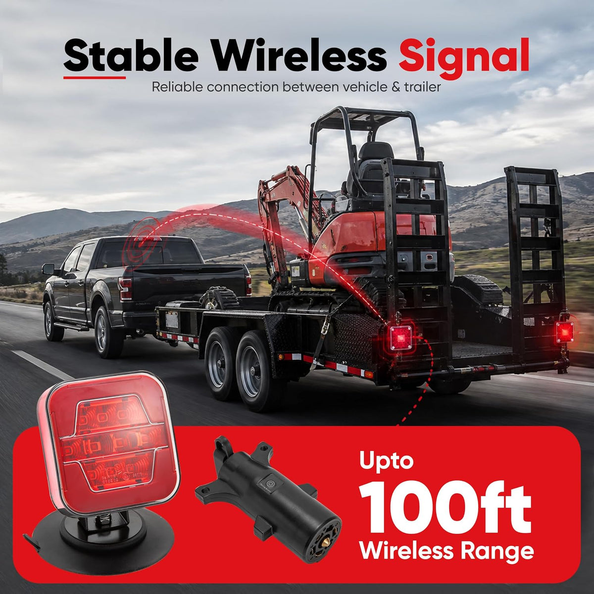 Wireless Magnetic Trailer Lights, Rechargeable USB-C Tow Light Kit 2 Mounting Options | 30s Magnetic Mount | 100ft Stable Range | USB-C 9H Runtime | IP67 Waterproof | 5 Light Functions