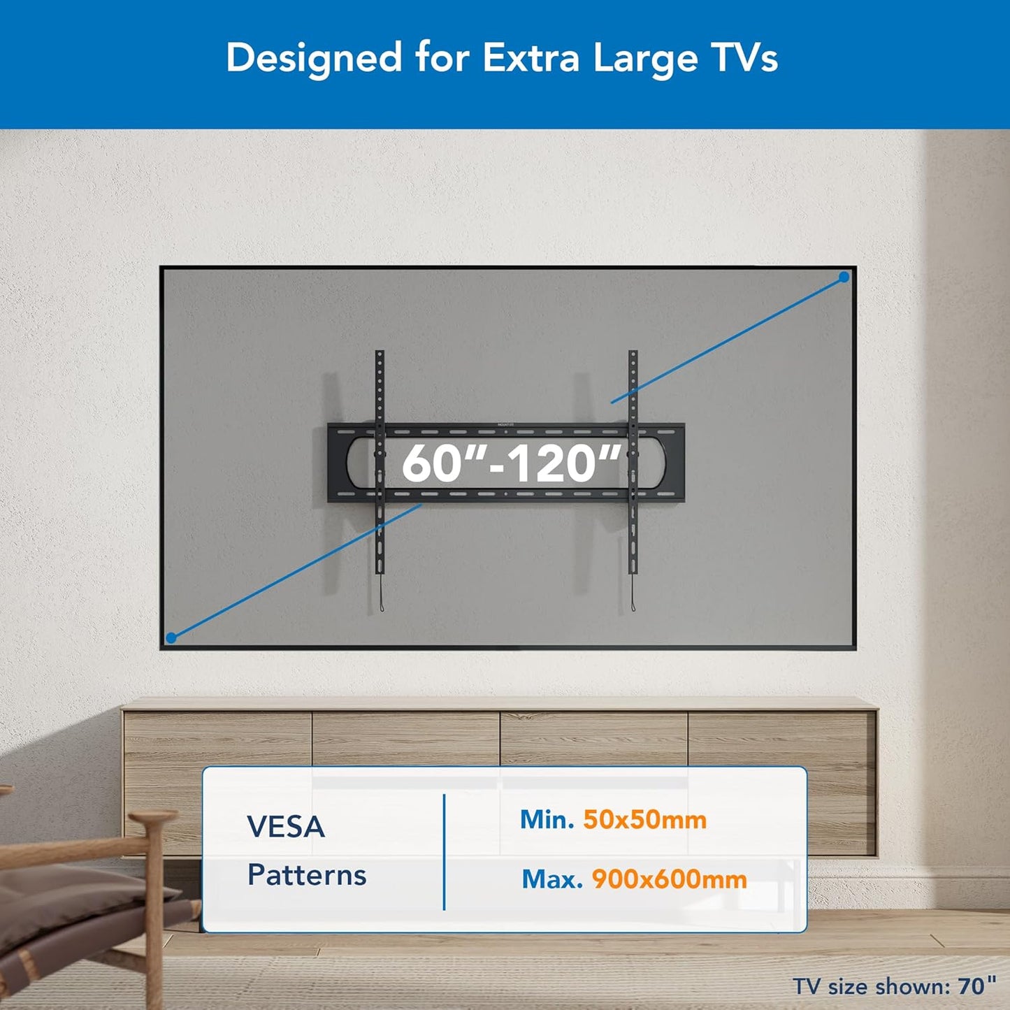 Heavy Duty XXL TV Wall Mount for Extra Large TVs, Tilting TV Mount, max VESA 900x600, Holds up to 264lb, Large TV Wall Mount for 60'-120' TV