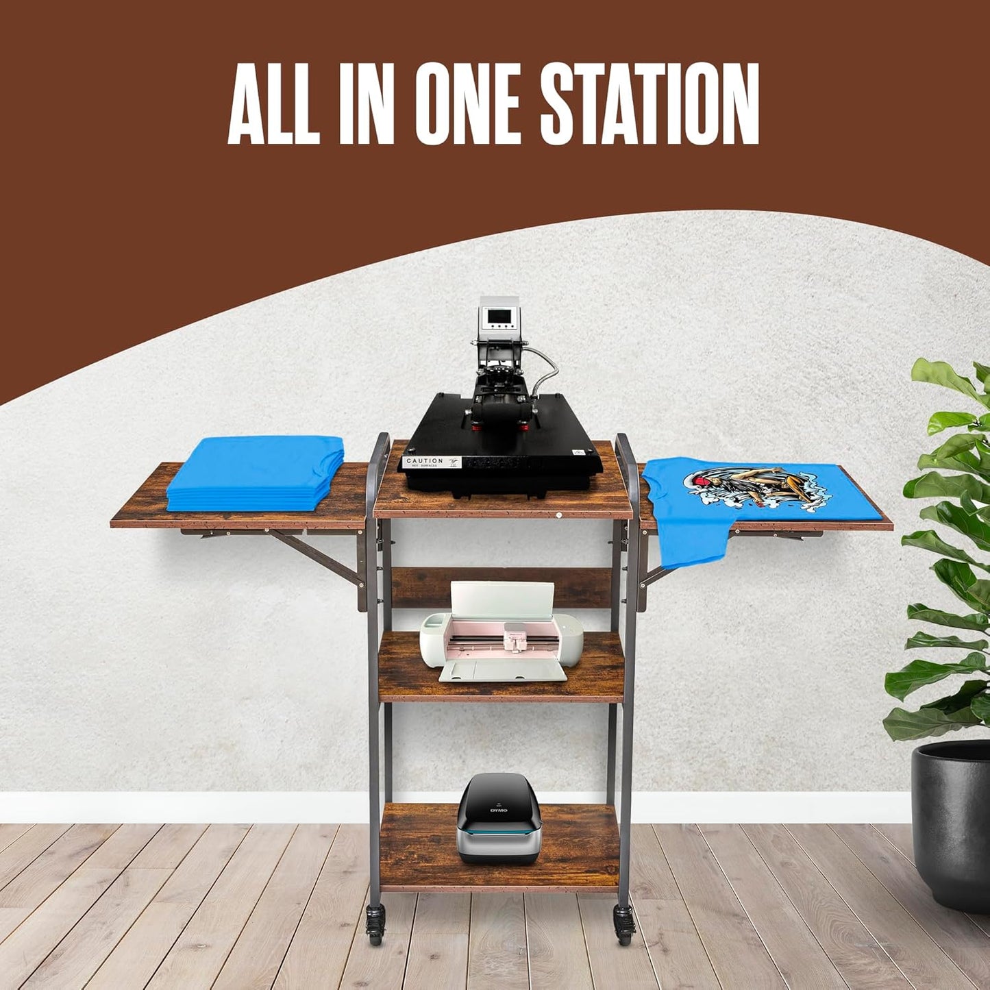 Heat Press Table Stand, Heat Press Stand with Wheels, 3 Tier with Foldable Side Tables, Heat Press Cart with Wheels, He