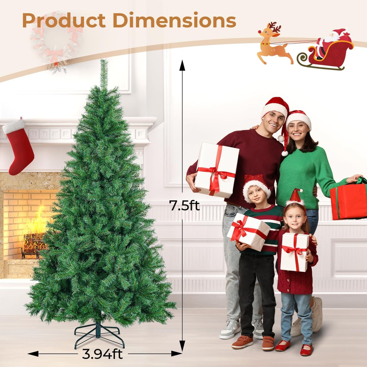 7.5 ft Artificial Christmas Tree with 1300 PVC Branch Tips, Holiday Xmas Tree with Foldable Base and Easy Assembly, Indoor Christmas Trees for Yard