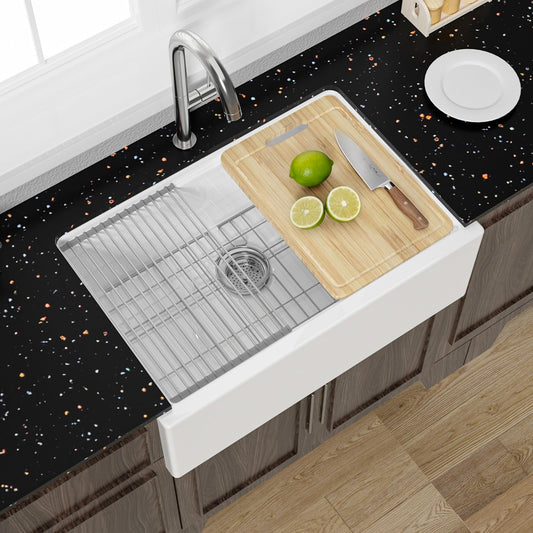 Miuara 30 x 20 Inch Self Trimming Farmhouse Workstation Kitchen Sink White Glossy White 30"x20"x10"