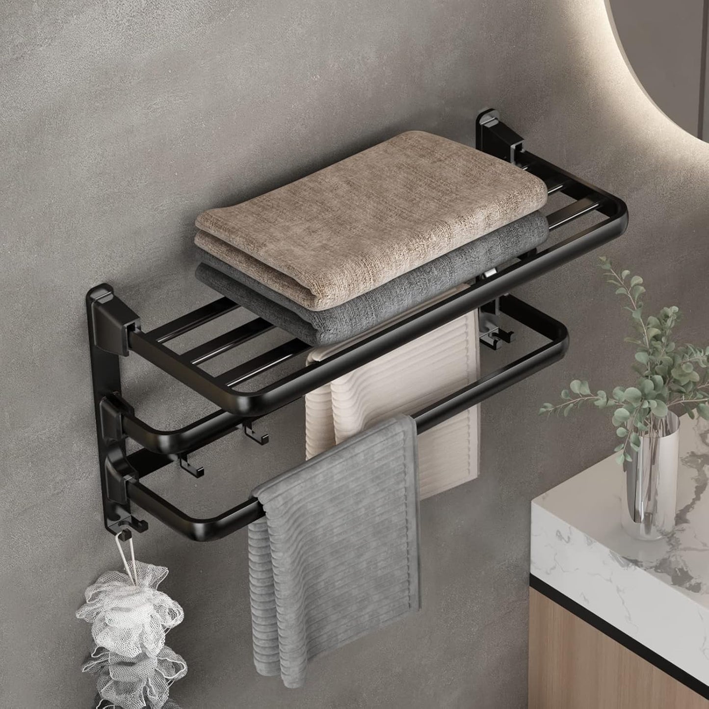 SOFINNY Towel Racks for Bathroom, 24-Inch Towel Shelf with Towel Bar Foldable Towel Holder with 7 Hooks Towel Storage Organizer for Bathroom &