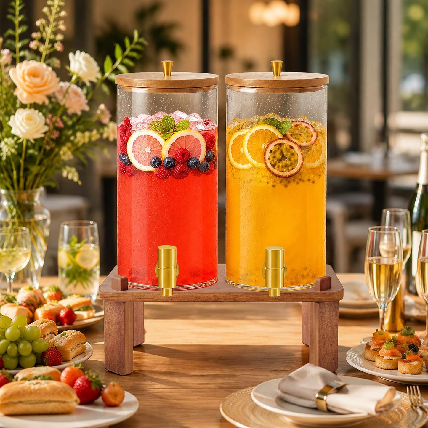 2PCS Drink Dispenser, 1.5 Gallon Each Glass Beverage Dispenser with Wood Stand, Juice Lemonade Dispenser with Stainless Steel Spigots, Drink Dispensers for Parties