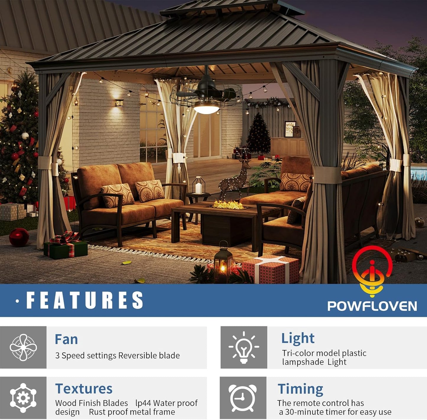 Powfloven 19&#39;&#39;Vintage Waterproof Black Outdoor Ceiling Fans with Lights, Plug in Wet Rated Gazebo Fan Light wit