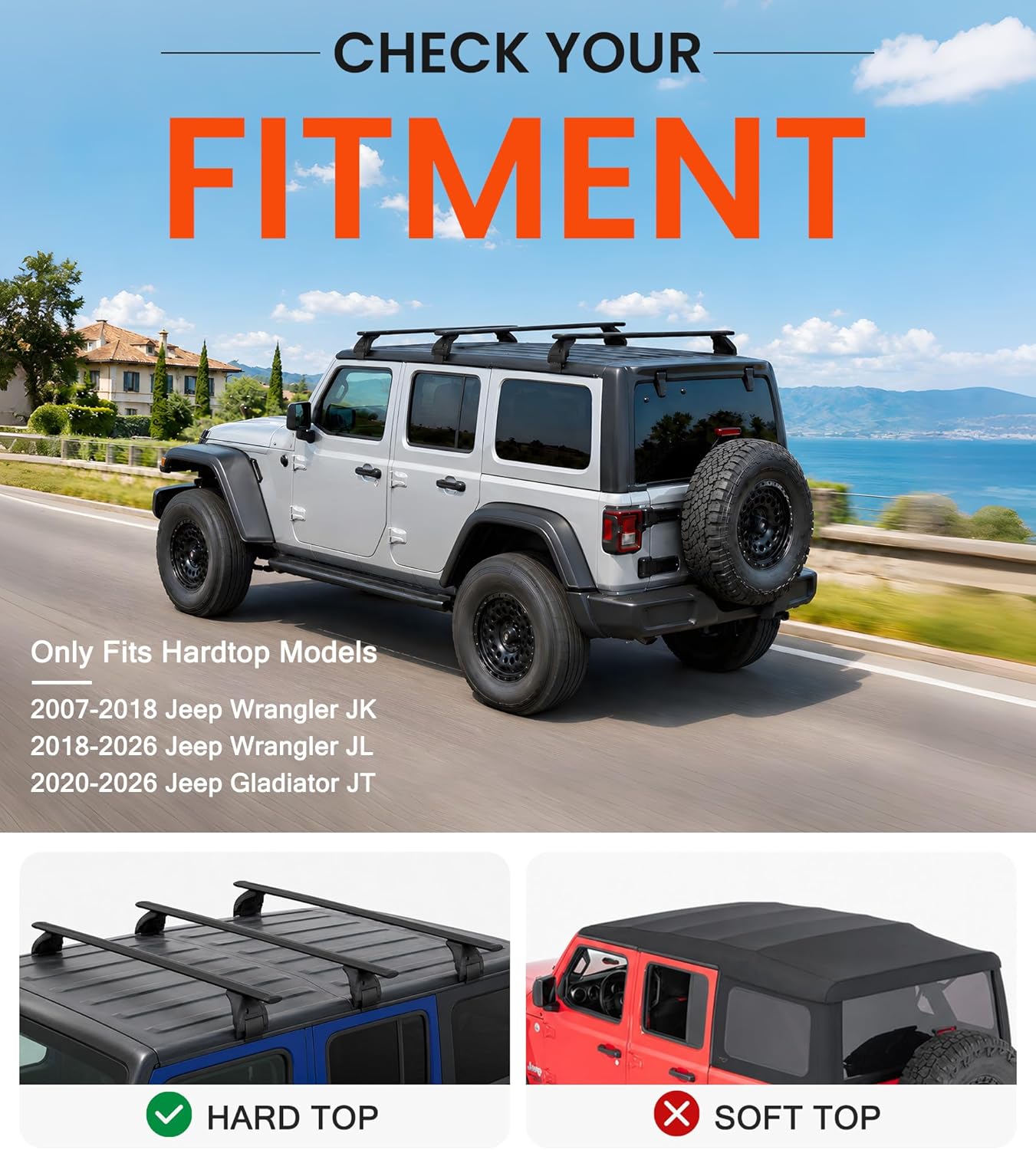 3PCS Roof Rack Cross Bars Fit for Jeep Wrangler JK JL Gladiator JT 2007-2026 Hard Top, 350lbs Lockable CrossBars Cargo Carrier, Rooftop Accessories for Tent Bike Kayak Skis