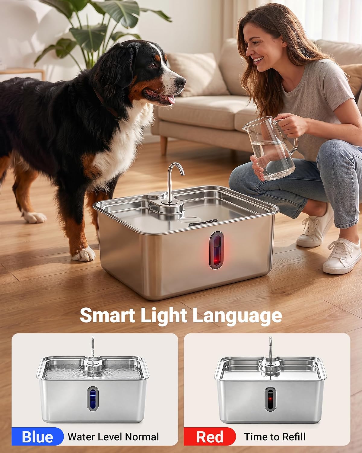 5.55 Gal Mega-Capacity Dog Water Fountain for Giant Dogs, Polished Silver | 21L Large Dog Water Bowl Dispenser, Stainless Steel, Visible Window & Alert Light, Included Silicone Mat & 3 filters 5.55 Gal Dog Fountain, Polished Silver