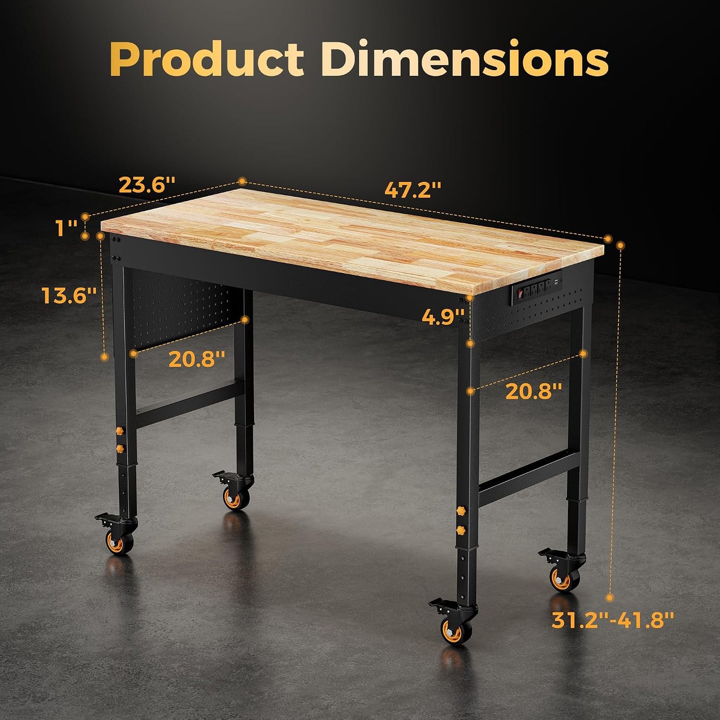 CAMMOO 48" Garage Work Bench with Wheels, Pegboard & Power Outlet 48*24 Inch