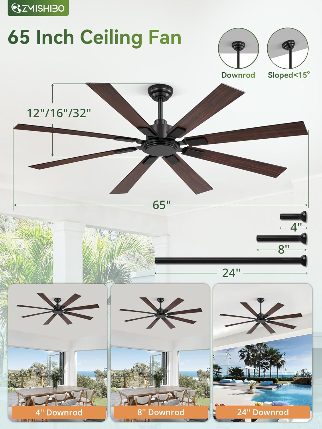 ZMISHIBO 65 Inch Outdoor Ceiling Fans No Light with Remote, Damp-Rated Black Modern Ceiling Fan Without Light, 6-Speed Reversible DC Motor, Humidity-Resistant 8 Blades for Patio Porch Gazebo Garage Black 65 Inch