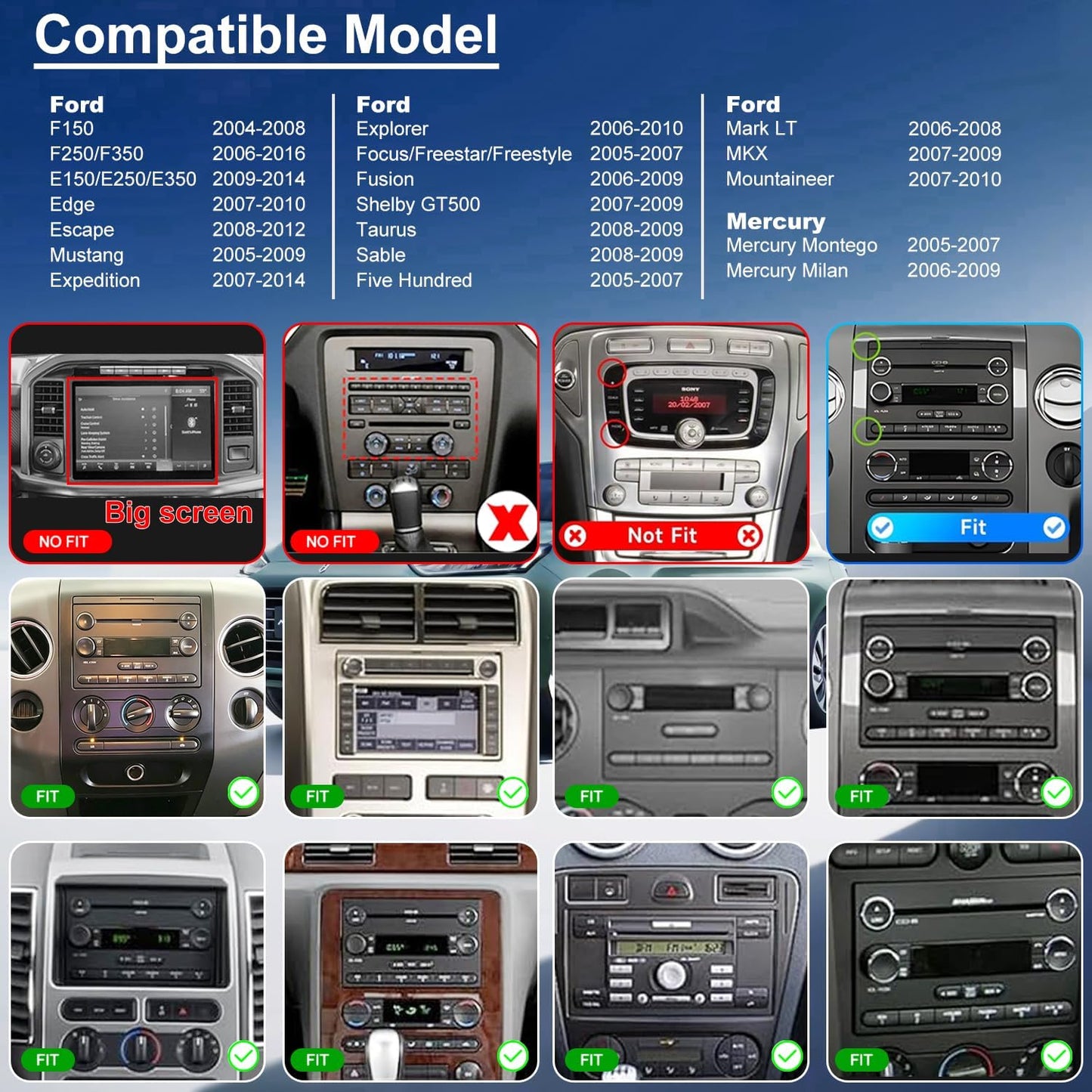 Car Radio for Ford F150 F-150 2004-2008, F250/F350 2006-2016, Mustang 2005-2009, E150/E250/E350 2009-2014, Expedition Explorer 7 Inch Touchscreen Stereo, Wireless CarPlay Android Auto GPS BT FM Camera