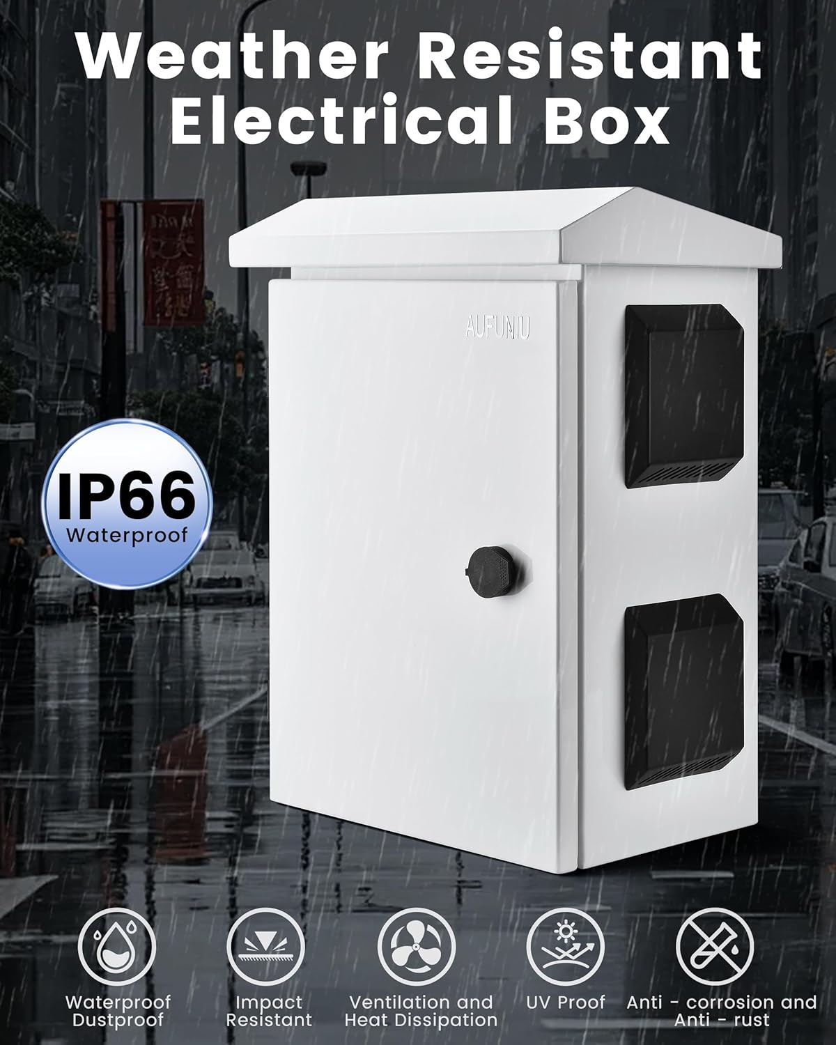 Waterproof Electrical Box - Cold-Rolled Steel & Aluminum Alloy Back Beam, One-Piece Ventilation, Pre-Drilled Fan Mounting Hole, Wall/Pole Mountable（17.9" x 13.8" x 7.9"